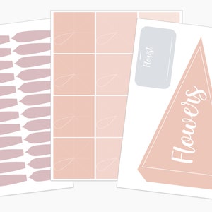 May include: A selection of stickers and labels in soft pastel shades. The stickers are petal-shaped, and the labels feature the words "Florist" and "Flowers". The design is minimalist, suitable for various craft projects and stationery.