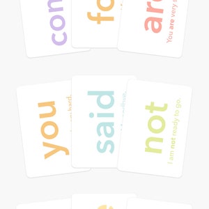 May include: White flashcards with colorful words like "come," "for," "are," "you," "said," and "not." The cards have rounded corners and are scattered across a white background. The bottom of the image has the text "GOODNIGHT FOX Flash Cards by goodnightfox.com."