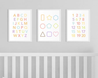 Alphabet Shapes Numbers Print Set, Modern Playroom Homeschool Art (Digital Download)