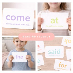 May include: A collection of white flashcards with sight words in various colors. The cards feature words like "come," "at," "the," "said," and "for," along with example sentences. The phrase "READING FLUENCY" is displayed on a pink banner.