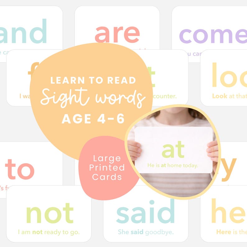 May include: Educational sight word flashcards for ages 4-6. The cards feature words like "at", "said", and "not" in various colors. The image also includes the text "Learn to Read Sight Words" and "Large Printed Cards".