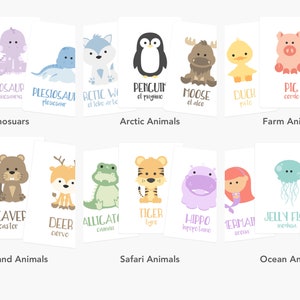 Puede incluir: Un conjunto de tarjetas de memoria coloridas con ilustraciones de varios animales. Cada tarjeta tiene el nombre del animal en ingl&eacute;s y la palabra correspondiente en otro idioma. Los animales est&aacute;n agrupados en categor&iacute;as: Dinosaurios, Animales del &Aacute;rtico, Animales de Granja, Animales del Bosque, Animales de Safari y Animales del Oc&eacute;ano.