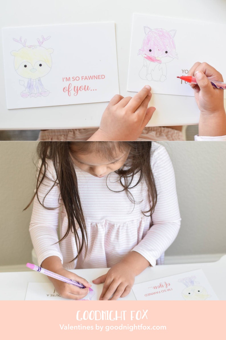 May include: A child colors a Valentine's Day card with a cartoon deer and the text "I'm so fawned of you..." The card is white with pink and purple accents.