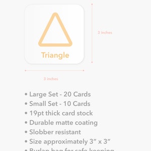 May include: A set of triangle-shaped memory game cards with a burlap bag for storage. The cards are 3 inches by 3 inches and made of 19pt thick card stock with a durable matte coating. The set includes 20 cards for a large set or 10 cards for a small set.