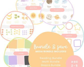 Preschool Learning Flashcards Bundle | Alphabet, Numbers, Shapes, Colors, Math, Reading (200+ Cards)