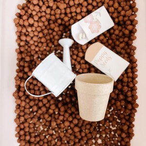 May include: A miniature gardening set featuring a small white watering can, a beige flower pot, and two seed packets. The set is surrounded by brown, spherical objects, possibly soil or mulch, within a white container.