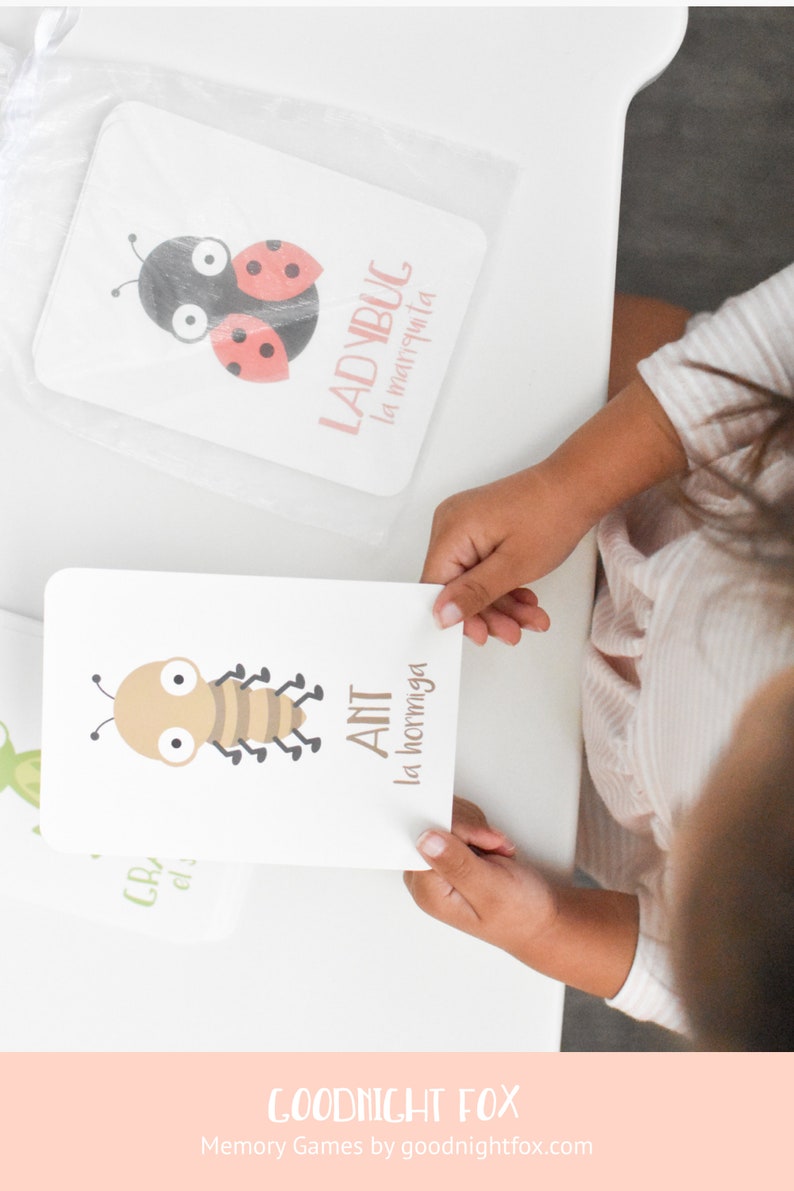 May include: A set of colourful flashcards featuring illustrations of insects, including a ladybug and an ant. The cards are labelled with the English and Spanish names for each insect. The cards are part of a memory game for children.
