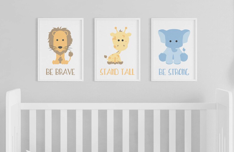 Zoo Safari Be Brave Stand Tall Be Strong Animal Nursery Art Giraffe Lion Elephant Set of 3 Prints image 1