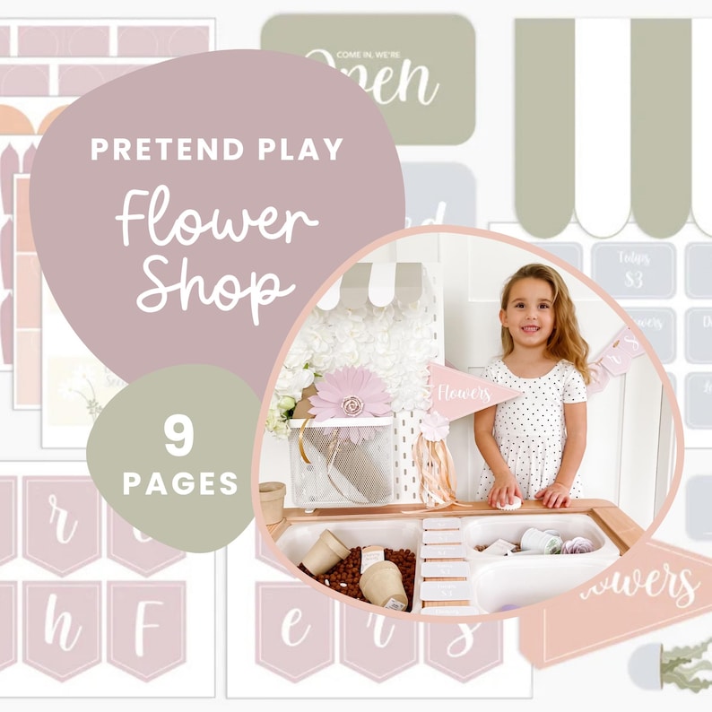 May include: A pretend play flower shop set with 9 pages. The design features a pink and white colour scheme, with the words "Flower Shop" prominently displayed. The set includes a play stand, banners, and other accessories.