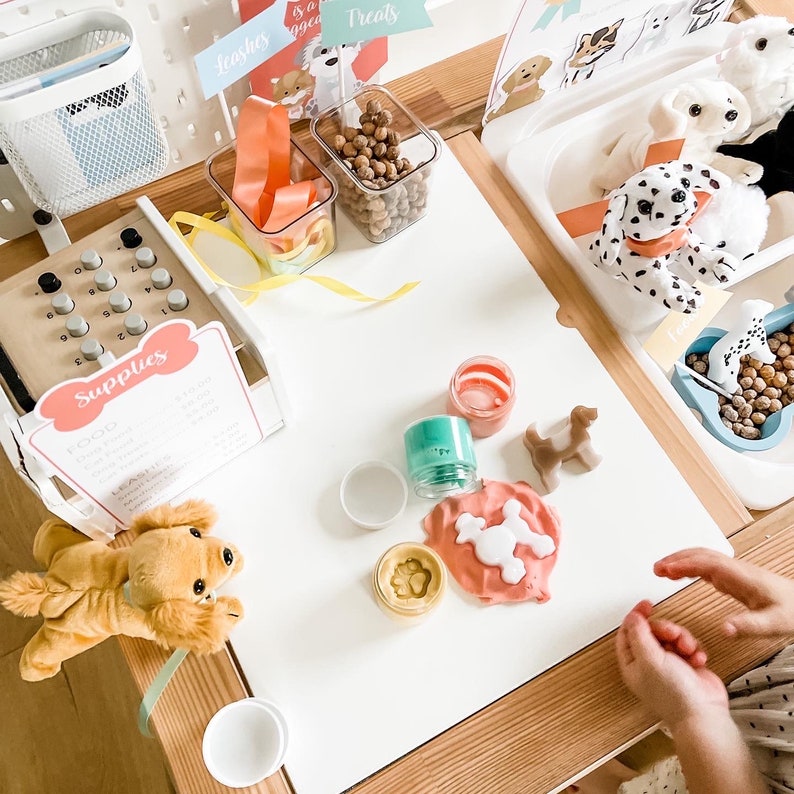 May include: A white table with a play cash register, dog treats, and play dough. The play dough is shaped like a dog and a bone. There are also two small containers of play dough.