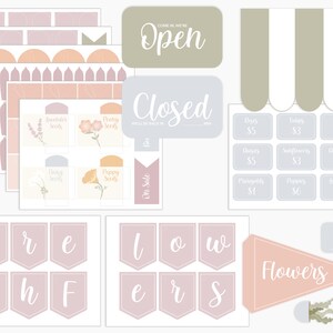 May include: A selection of floral shop graphics in pastel shades. Includes signs saying "Open" and "Closed", price tags for various flowers, seed labels, and banner flags spelling "Fresh Flowers".