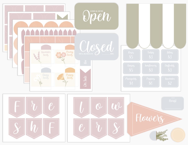 May include: A selection of floral shop graphics in pastel shades. Includes signs saying "Open" and "Closed", price tags for various flowers, seed labels, and banner flags spelling "Fresh Flowers".