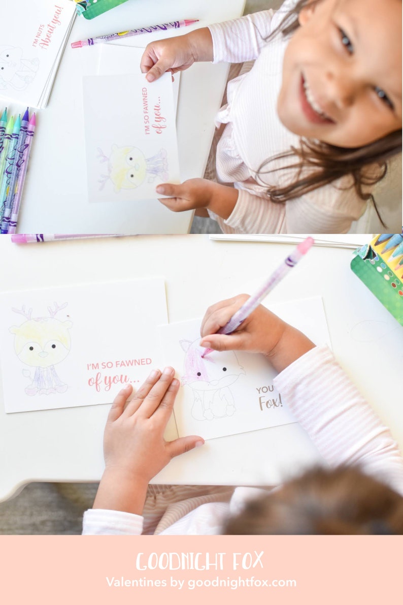 May include: A child colors a Valentine's Day card with a fox illustration. The card reads "I'm so fawned of you..." and "You Fox!"  Goodnight Fox Valentines by goodnightfox.com
