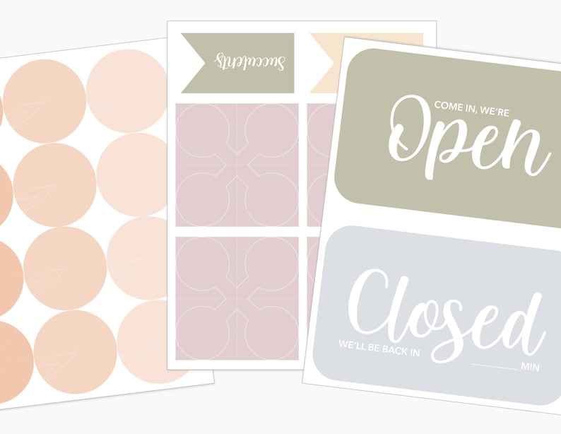May include: A selection of stickers and signs in pastel shades. Features round stickers with a peach and white design, stickers with a geometric pattern, and signs that say "Open" and "Closed".