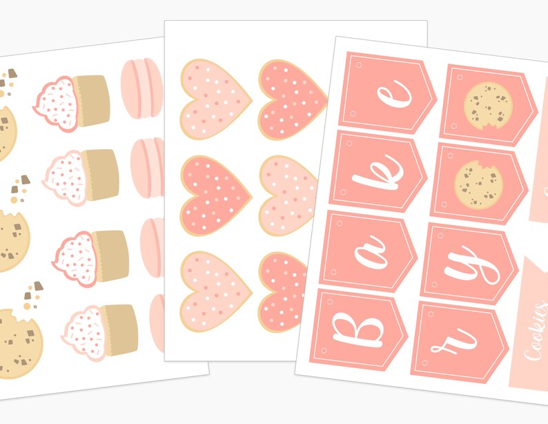 Puede incluir: Una colecci&oacute;n de pegatinas rosas y blancas con tem&aacute;tica de postres. Las pegatinas incluyen cupcakes, macarons, galletas en forma de coraz&oacute;n con lunares y pancartas con la palabra "Baby" e ilustraciones de galletas. El dise&ntilde;o es suave y pastel.