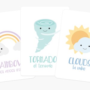 May include: Three illustrated flashcards with weather-related images and text. The first card shows a rainbow with a cloud underneath. The text reads "RAINBOW los arcos iris". The second card shows a cartoon tornado with a smiling face. The text reads "TORNADO el tornado". The third card shows a sun with a cloud underneath. The text reads "CLOUDS la nube".