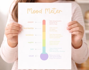Medidor de estado de ánimo para niños pequeños imprimible, tabla de sentimientos para niños, póster para el rincón de la calma, tabla de emociones preescolares, regulación emocional Montessori SEL