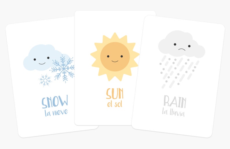 May include: Three illustrated cards with a blue cloud and snowflakes, a yellow sun, and a gray cloud with rain. The cards have the words "SNOW", "SUN", and "RAIN" written on them, along with the Spanish translations "la nieve", "el sol", and "la lluvia".