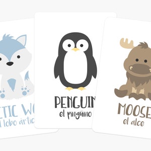 May include: Three flashcards with illustrations of an arctic wolf, a penguin, and a moose. Each card has the animal's name in English and Spanish.