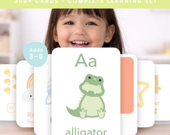 Paquete de tarjetas didácticas para preescolar: Alfabeto, números, formas, colores, matemáticas y lectura (más de 200 tarjetas)