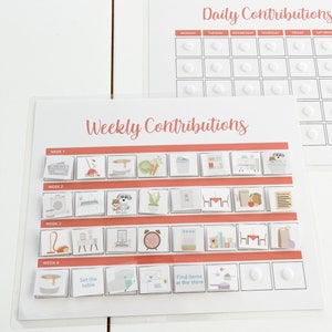 Puede incluir: Un tablero blanco con un borde rojo y blanco, etiquetado como "Contribuciones semanales". El tablero está dividido en cuatro secciones, cada una etiquetada como "Semana 1", "Semana 2", "Semana 3" y "Semana 4". Cada sección contiene una cuadrícula de 12 cuadrados, cada uno con una imagen diferente que representa una tarea o tarea. Las imágenes incluyen una escoba, una regadera, un perro, una planta, una mesa, una silla, una aspiradora, un reloj, una ventana, un osito de peluche, un libro y una bolsa de compras. El tablero también incluye una sección etiquetada como "Contribuciones diarias" con una cuadrícula de 24 cuadrados, cada uno representando un día de la semana.