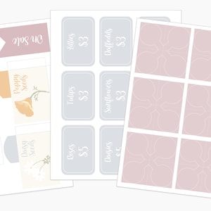 May include: A selection of floral-themed labels and tags in pastel shades. The labels display text like "Poppy Seeds," "Daisies," and "On Sale." The tags feature floral illustrations and are designed for various applications.