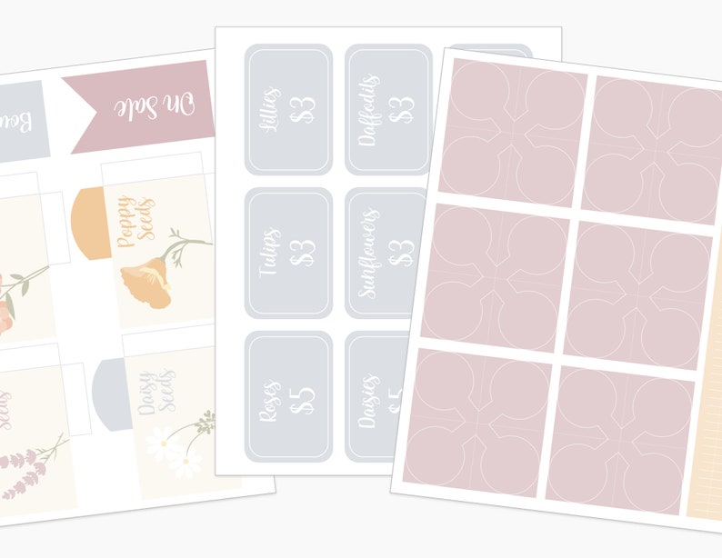 May include: A selection of floral-themed labels and tags in pastel shades. The labels display text like "Poppy Seeds," "Daisies," and "On Sale." The tags feature floral illustrations and are designed for various applications.