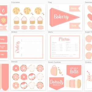 May include: A collection of pink and white bakery-themed digital graphics. Includes banners, cupcakes, donuts, labels, a menu, and cookie illustrations. The word "Bakery" is displayed on a pennant flag. The word "Cookies" is displayed on a jar.