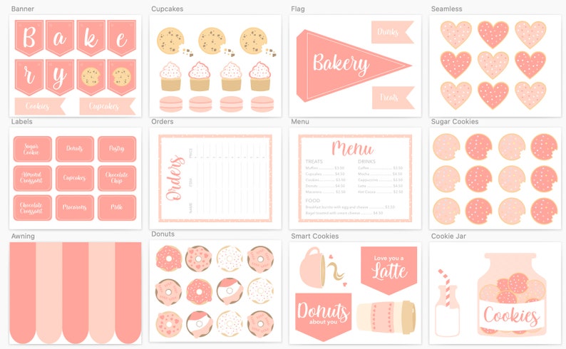 Puede incluir: Una colecci&oacute;n de gr&aacute;ficos digitales en rosa y blanco con tem&aacute;tica de panader&iacute;a. Incluye pancartas, cupcakes, donuts, etiquetas, un men&uacute; e ilustraciones de galletas. La palabra "Bakery" est&aacute; en una bandera de bander&iacute;n. La palabra "Cookies" est&aacute; en un tarro.