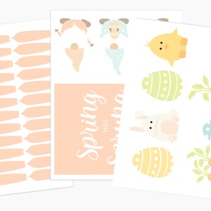 May include: A set of printable Easter-themed stickers featuring a bunny, chick, carrots, and eggs. The stickers are in pastel colors and have a simple, hand-drawn style. The text "Spring has sprung" is included on one of the sheets.