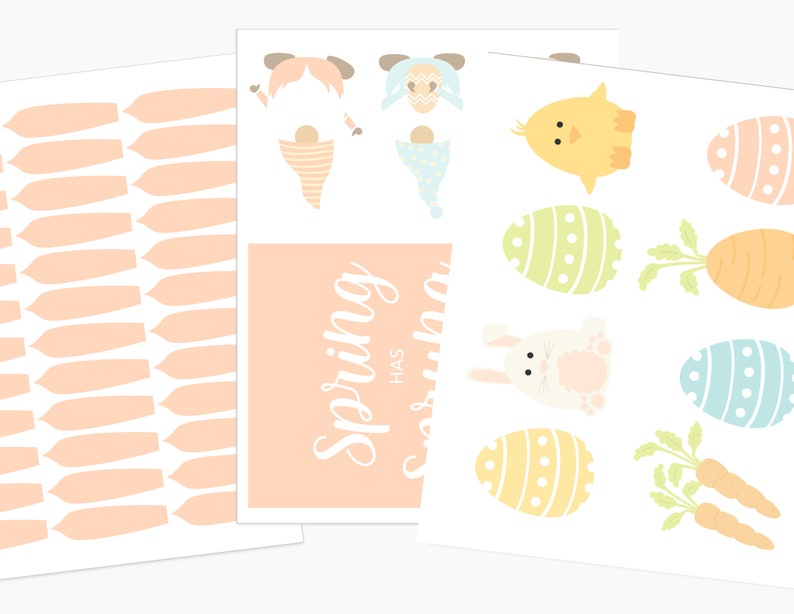 May include: A set of printable Easter-themed stickers featuring a bunny, chick, carrots, and eggs. The stickers are in pastel colors and have a simple, hand-drawn style. The text "Spring has sprung" is included on one of the sheets.