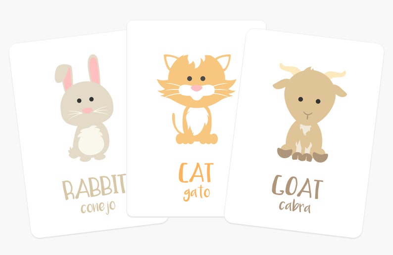 May include: Three flashcards with illustrations of a rabbit, cat, and goat. Each card has the animal's name in English and Spanish.