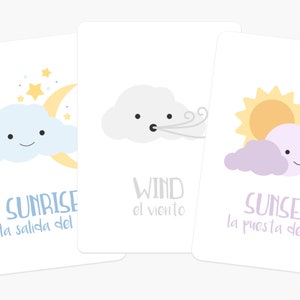 May include: Three illustrated cards with a cartoon cloud and sun or moon. The first card shows a blue cloud with a crescent moon and stars, and the text "Sunrise la salida del". The second card shows a gray cloud with wind blowing, and the text "Wind el viento". The third card shows a purple cloud with a yellow sun, and the text "Sunset la puesta del sol".