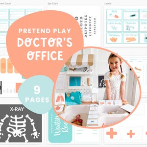 May include: A pretend play doctor's office set with 9 pages. The image features a child in a white dress, a play doctor's office setup with various medical-themed props, and text that reads "PRETEND PLAY DOCTOR'S OFFICE".