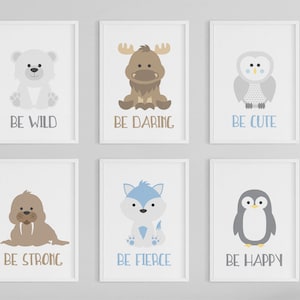 Arctic Polar Animals Nursery Art, Set of 6 Prints, Polar Bear, Moose, Wolf, Sea Lion, Snow Owl, Penguin