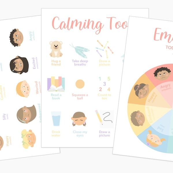Emotions Poster Set of 3 for your Playroom Calming Corner or Preschool Post, Emotions, Calming Techniques, Emotions Wheel