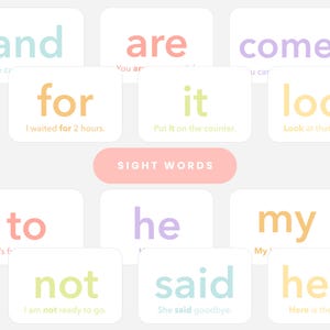 May include: A collection of flashcards with sight words in various colors. The words include "for," "it," "to," "he," "not," and "said." Each card has a sentence example. A pink banner reads "SIGHT WORDS."