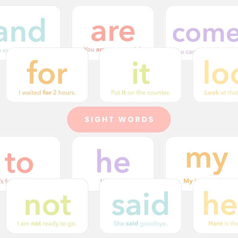 May include: A collection of flashcards with sight words in various colors. The words include "for," "it," "to," "he," "not," and "said." Each card has a sentence example. A pink banner reads "SIGHT WORDS."