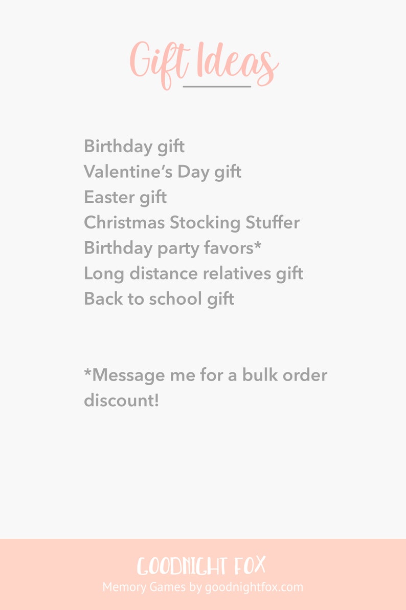 K&ouml;nnte beinhalten: Eine rosa und wei&szlig;e Grafik mit dem Text "Gift Ideas" in rosa kursiver Schrift. Der Text listet verschiedene Anl&auml;sse f&uuml;r Geschenke auf, darunter Geburtstage, Valentinstag, Ostern, Weihnachten, Geburtstagsgeschenke, Geschenke f&uuml;r Verwandte in der Ferne und Geschenke f&uuml;r die Schule. Der Text enth&auml;lt auch einen Hinweis, der lautet "*Message me for a bulk order discount!" und den Text "GOODNIGHT FOX Memory Games by goodnightfox.com".