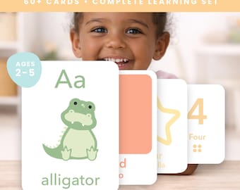 Paquete de tarjetas didácticas para el aprendizaje de niños pequeños / Alfabeto, números, formas, colores y animales / Tarjetas didácticas Montessori para niños pequeños / Tarjetas de aprendizaje preescolar