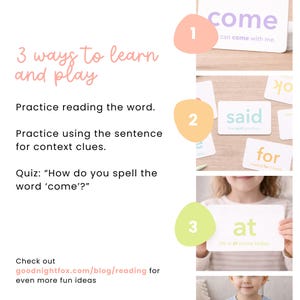 May include: Educational image with flashcards featuring words like "come," "said," and "at." The cards are held by a child. The image also includes text describing ways to learn and play with the flashcards.