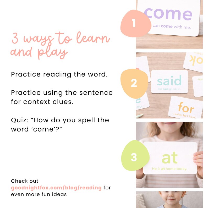 May include: Educational image with flashcards featuring words like "come," "said," and "at." The cards are held by a child. The image also includes text describing ways to learn and play with the flashcards.