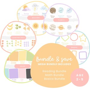 May include: Educational bundle for ages 2-5, featuring colorful charts on weather, planets, counting fruit, colors, and shapes. Includes reading, math, and basics bundles. The text "Bundle & Save" is displayed.