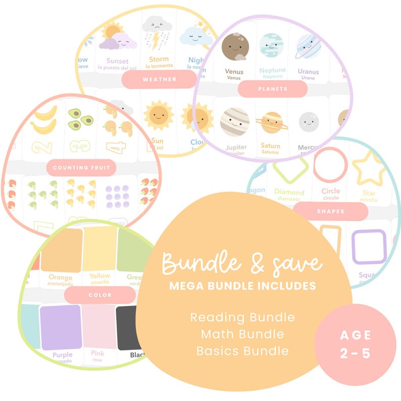 May include: Educational bundle for ages 2-5, featuring colorful charts on weather, planets, counting fruit, colors, and shapes. Includes reading, math, and basics bundles. The text "Bundle & Save" is displayed.