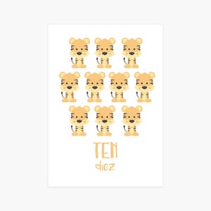 May include: A white card with ten cartoon tigers in orange and black stripes. The text "TEN diez" is printed in orange at the bottom of the card.
