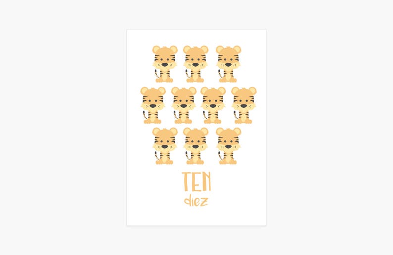 May include: A white card with ten cartoon tigers in orange and black stripes. The text "TEN diez" is printed in orange at the bottom of the card.