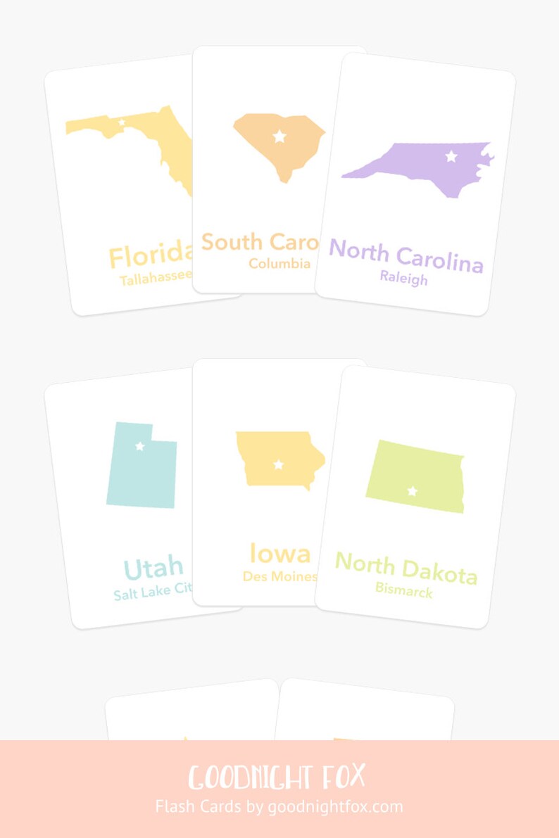50 States Flash Cards United States Learning Flash Cards US Etsy