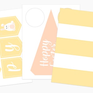 May include: Printable Easter banner with yellow and white pennants featuring the words "Happy Easter" and a bunny rabbit illustration. The banner is designed to be cut out and assembled.