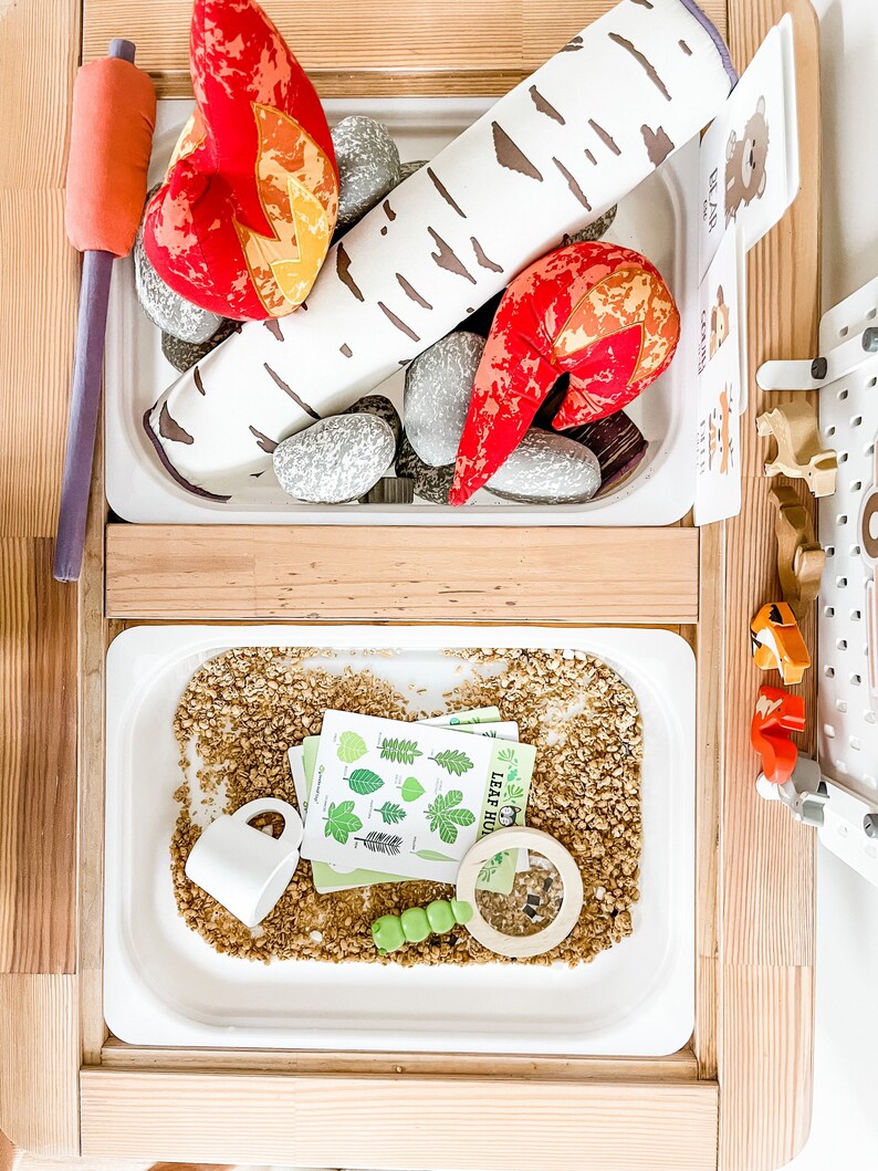 May include: A wooden play set with two white trays. The top tray has a birch log, red flames, and gray rocks. The bottom tray has a white cup, a magnifying glass, green beans, and a card with the text "Leaf Hunt".