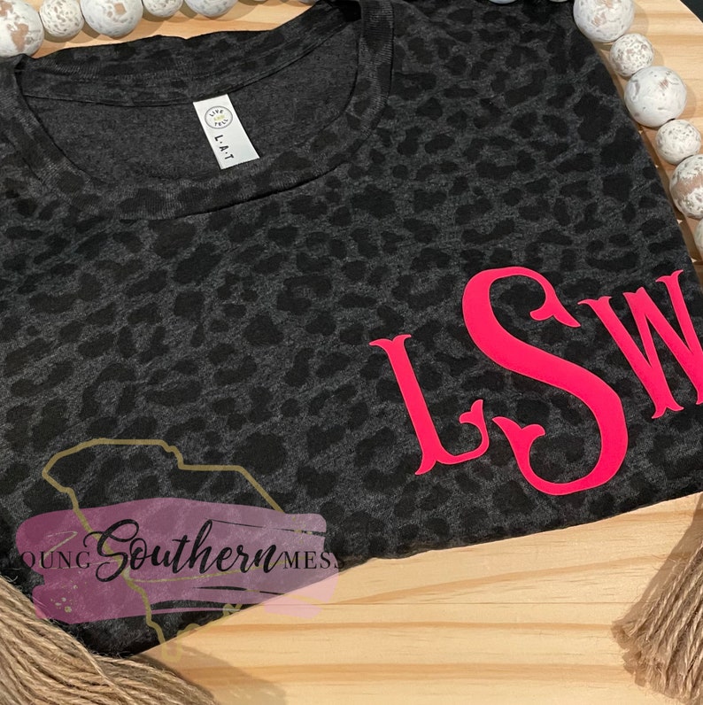 Black Leopard Print Puff Monogram T-Shirt Cheetah Print Shirt Puff Personalized Gift for Her image 4